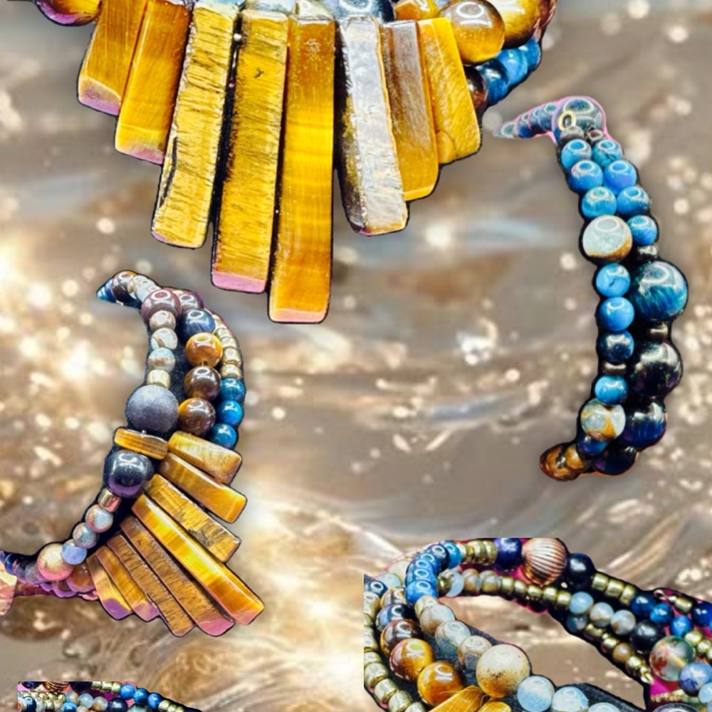 Gold and Blue Tiger Eye Wrap Bracelet with Beaded Strands